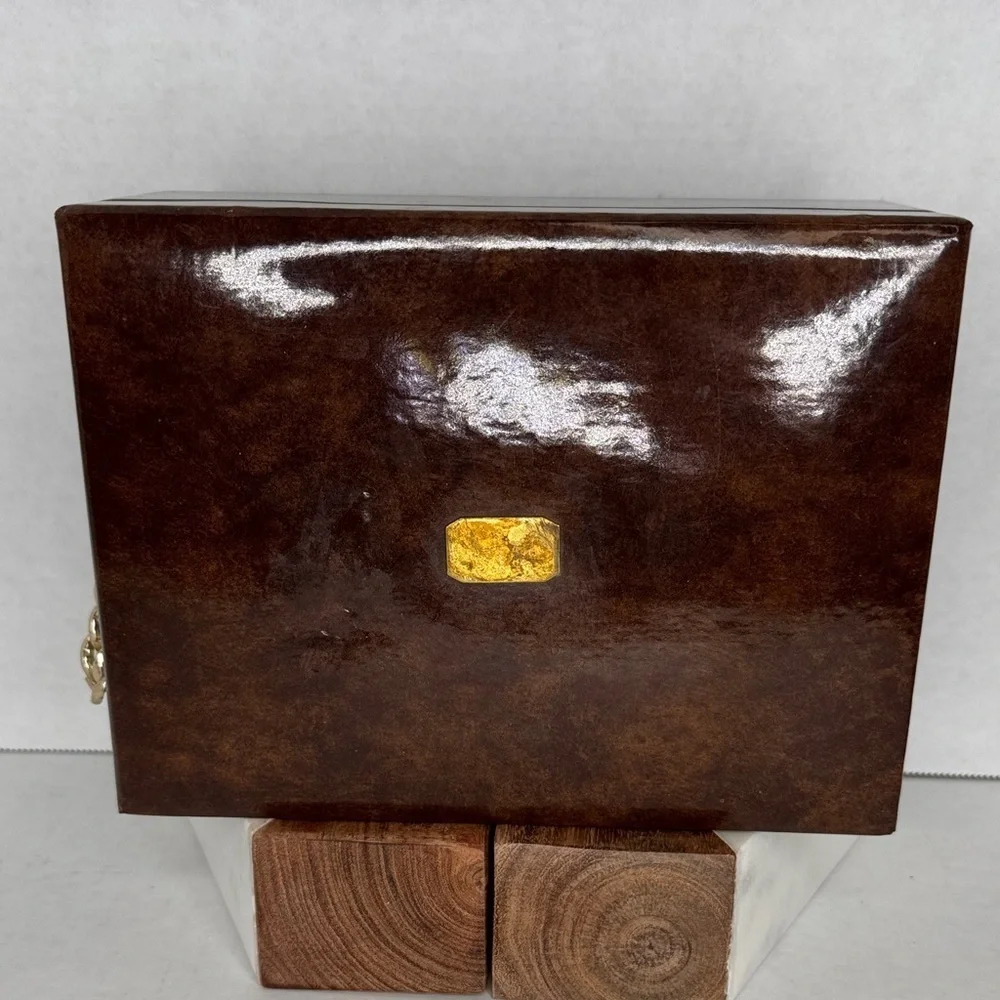 Vintage Swank Tortoiseshell Vinyl Gold Chain Jewelry Dresser Box Made in Sweden